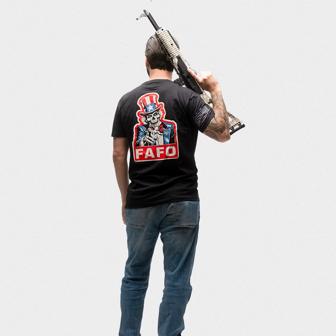 Uncle FAFO T-Shirt - model wearing skeleton Uncle Sam design